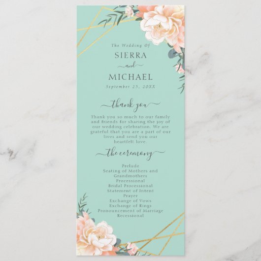 Mint Groene Perzik Crème Goud Geometrische Bruilof Programmakaart (Voorkant)