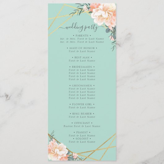 Mint Groene Perzik Crème Goud Geometrische Bruilof Programmakaart (Achterkant)