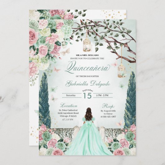 Mint Groene Prinses Betoverde Tuin Quinceanera Kaart (Voorkant / Achterkant)