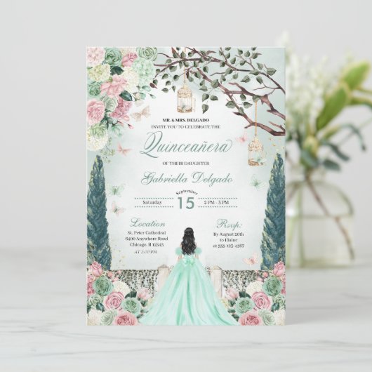 Mint Groene Prinses Betoverde Tuin Quinceanera Kaart (Staand voorkant)