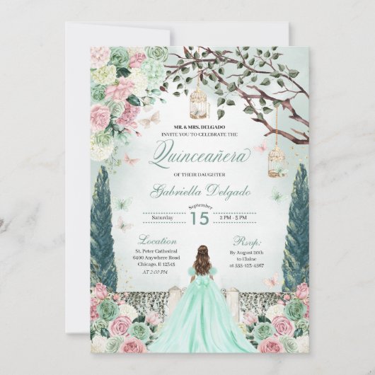 Mint Groene Prinses Betoverde Tuin Quinceanera Kaart (Voorkant)
