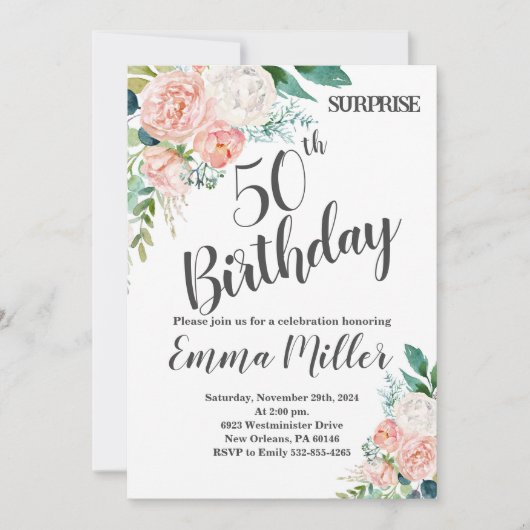 Mint Groene & Roze Pioenen 50ste verjaardag Kaart (Voorkant)