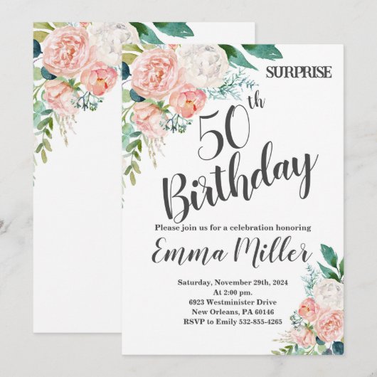 Mint Groene & Roze Pioenen 50ste verjaardag Kaart (Voorkant / Achterkant)