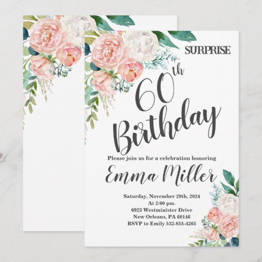 Mint Groene & Roze Pioenen 60e verjaardag Kaart (Voorkant / Achterkant)