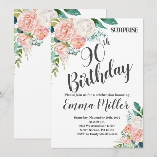 Mint Groene & Roze Pioenen 90ste verjaardag Kaart (Voorkant / Achterkant)