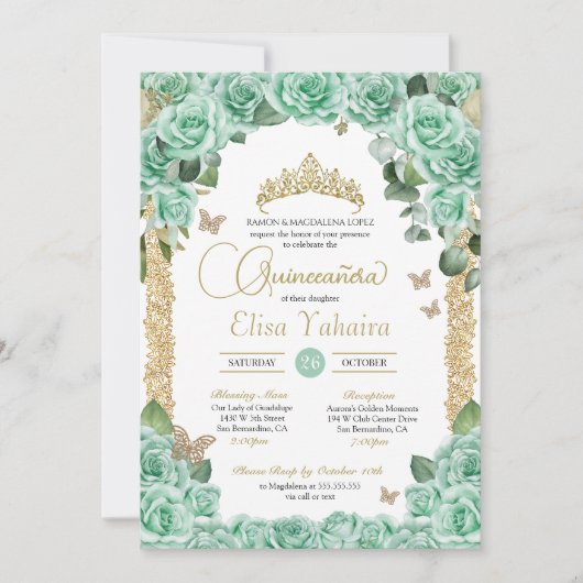 Mint Groene Rozen & Vlinder Quinceanera Kaart (Voorkant)