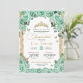 Mint Groene Rozen & Vlinder Quinceanera Kaart (Staand voorkant)
