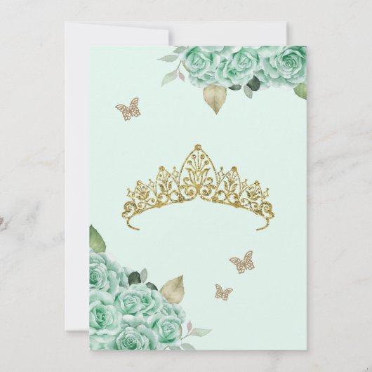 Mint Groene Rozen & Vlinder Quinceanera Kaart (Achterkant)