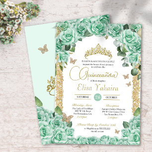Mint Groene Rozen & Vlinder Quinceanera Kaart