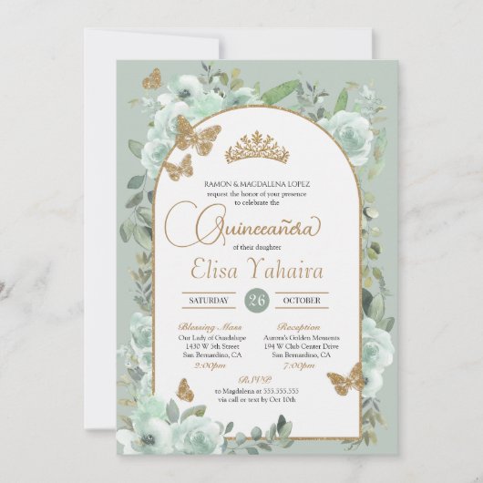 Mint Groene Salie Bloemen Gouden Vlinder Quinceañe Kaart (Voorkant)