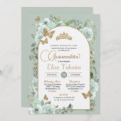 Mint Groene Salie Bloemen Gouden Vlinder Quinceañe Kaart (Voorkant / Achterkant)