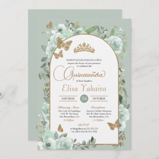 Mint Groene Salie Bloemen Gouden Vlinder Quinceañe Kaart (Voorkant / Achterkant)