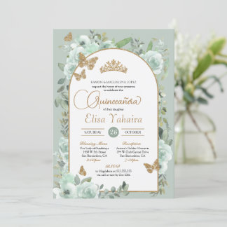 Mint Groene Salie Bloemen Gouden Vlinder Quinceañe Kaart