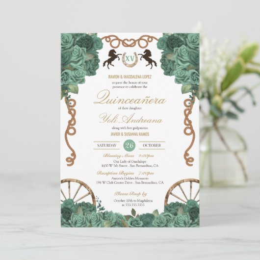 Mint Groene Salie Roos Charro Westerne Quinceanera Kaart (Staand voorkant)