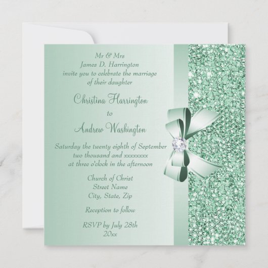 Mint Groene Sequins, Boog & Diamant Bruiloft Kaart (Achterkant)