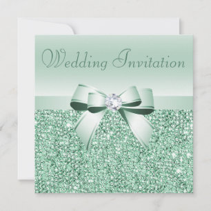 Mint Groene Sequins, Boog & Diamant Bruiloft Kaart