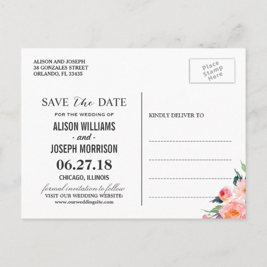 Mint Groene Strepen Botanische Bloemen Save the Da Aankondigingskaart (Achterkant)