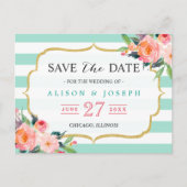 Mint Groene Strepen Botanische Bloemen Save the Da Aankondigingskaart (Voorkant)