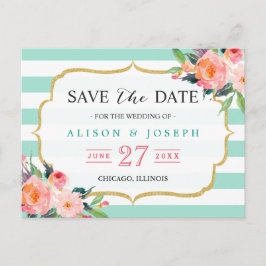 Mint Groene Strepen Botanische Bloemen Save the Da Aankondigingskaart