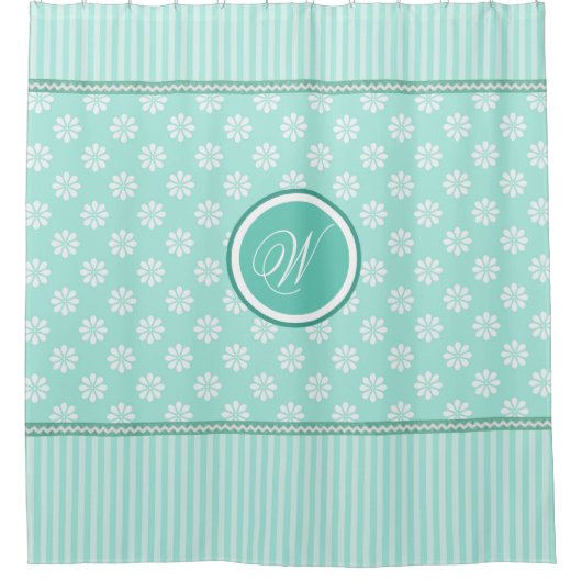 Mint groene strepen en witte dagen met monogram douchegordijn (Voorkant)