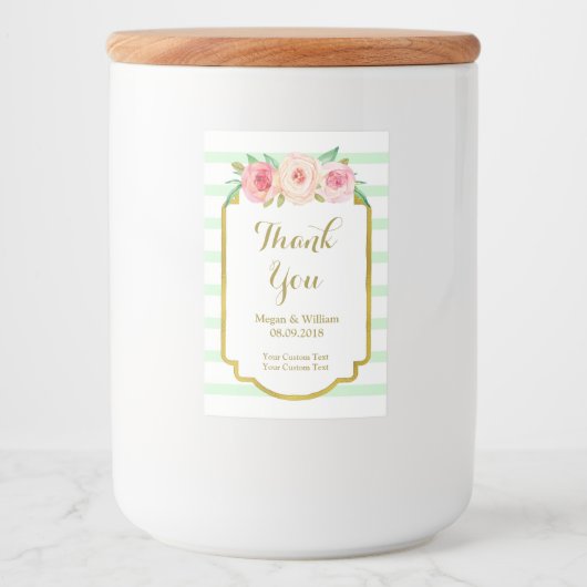 Mint Groene Strepen Roze Bloemen Goud Custom Label Voedselcontainer Etiket (Voorkant)