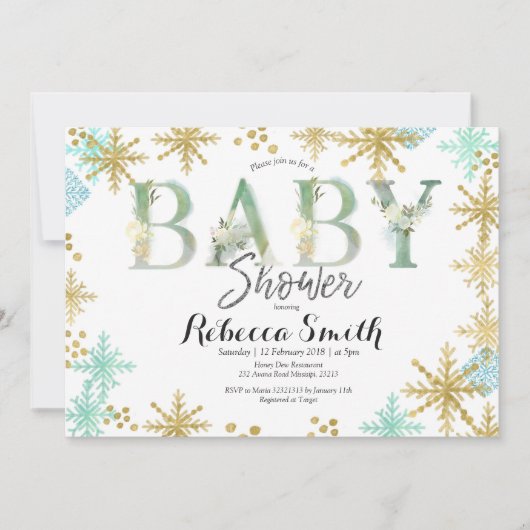 Mint Groene Waterverf Baby shower Uitnodiging (Voorkant)