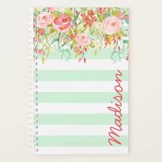 Mint Groene Waterverf Bloemenstreep Gepersonalisee Planner (Voorkant)