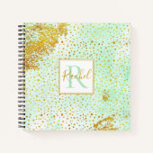 Mint groene waterverf, gouden confetti monogram notitieboek (Voorkant)