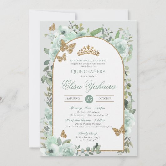 Mint Groene Waterverf Gouden Vlinder Quinceanera Kaart (Voorkant)