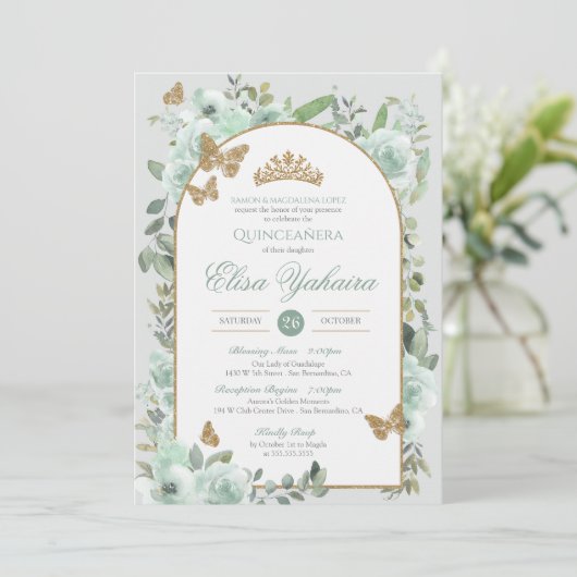 Mint Groene Waterverf Gouden Vlinder Quinceanera Kaart (Staand voorkant)