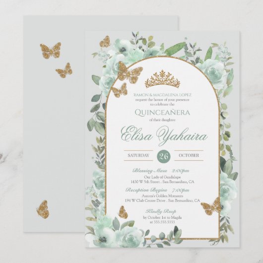 Mint Groene Waterverf Gouden Vlinder Quinceanera Kaart (Voorkant / Achterkant)