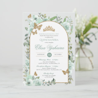 Mint Groene Waterverf Gouden Vlinder Quinceanera Kaart