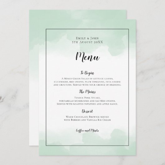 Mint Groene Waterverven Zwart Script Bruiloft Menu (Voorkant / Achterkant)