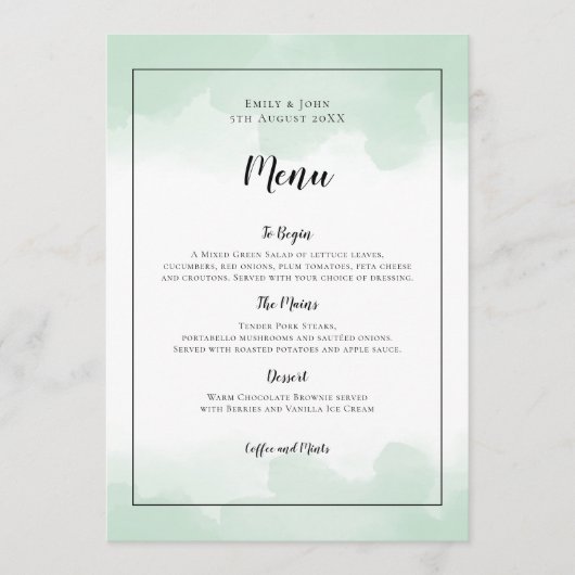 Mint Groene Waterverven Zwart Script Bruiloft Menu (Voorkant)