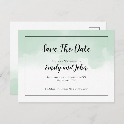 Mint Groene Waterverven Zwart Script De datum opsl Briefkaart (Voorkant / Achterkant)