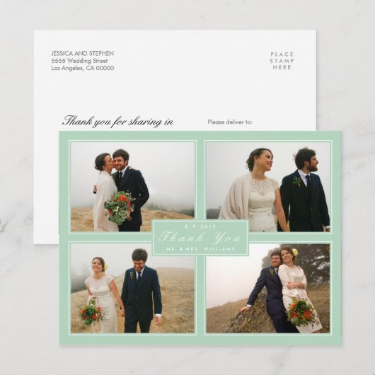 Mint Hartelijk dank voor uw bruiloft Collage 4 Fot Briefkaart (Voorkant / Achterkant)