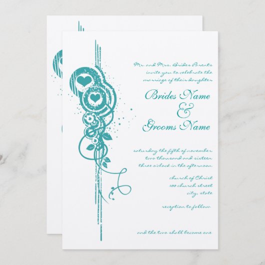 Mint Heart Circles and Swirls Wedding Invite Kaart (Voorkant / Achterkant)