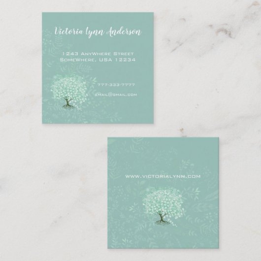 Mint Heart Leaf Tree Boho Floral en Feathers Vierkante Visitekaartje (Voorkant / Achterkant)