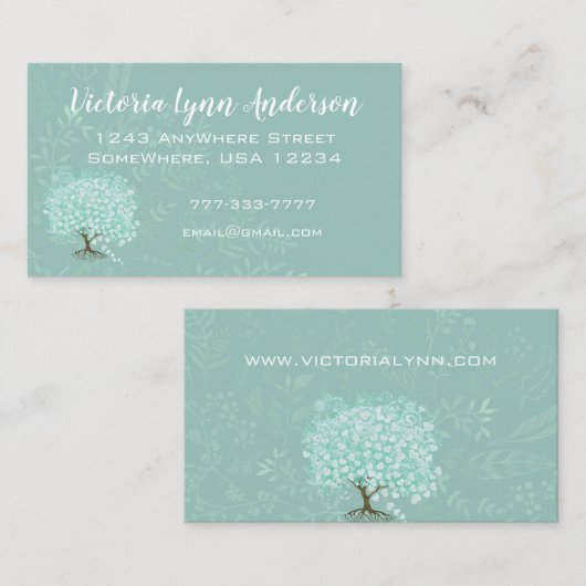 Mint Heart Leaf Tree Boho Floral en Feathers Visitekaartje (Voorkant / Achterkant)