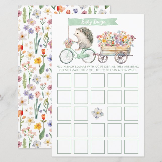 Mint Hedgehog Baby shower Bingo Game Kaart (Voorkant / Achterkant)