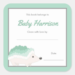 Mint Hedgehog Baby shower Boekplaat, neutraal boek Vierkante Sticker