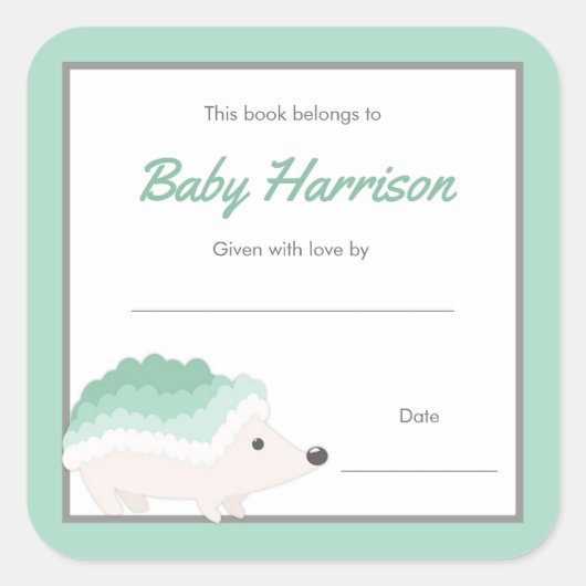 Mint Hedgehog Baby shower Boekplaat, neutraal boek Vierkante Sticker (Voorkant)