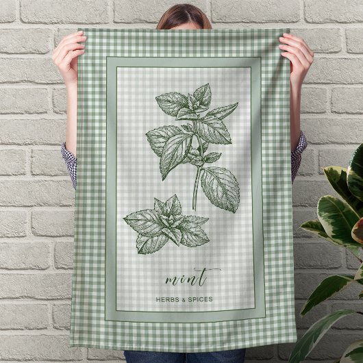 Mint Herb Kitchen Towel – Green Gingham Border Theedoek