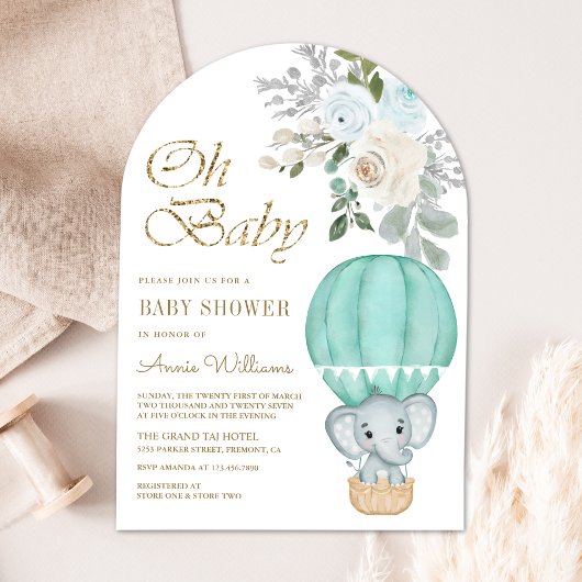 Mint Hete Luchtballon Olifant Boog Baby shower Kaart