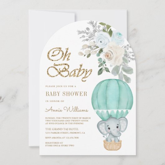 Mint Hete Luchtballon Olifant Boog Baby shower Kaart (Voorkant)
