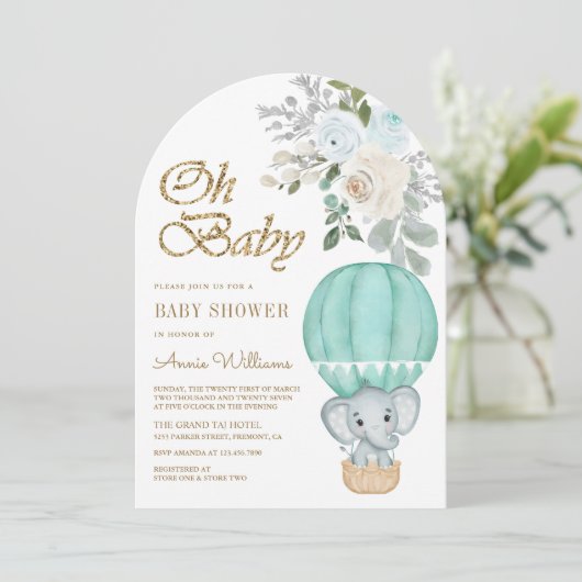 Mint Hete Luchtballon Olifant Boog Baby shower Kaart (Staand voorkant)
