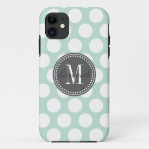 Mint & houtskool   Big Polka Dots Monogramed iPhone 11 Hoesje