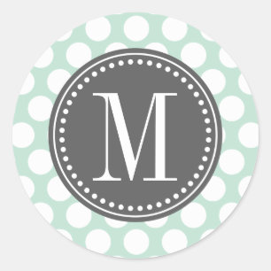 Mint & houtskool Big Polka Dots Monogramed Ronde Sticker