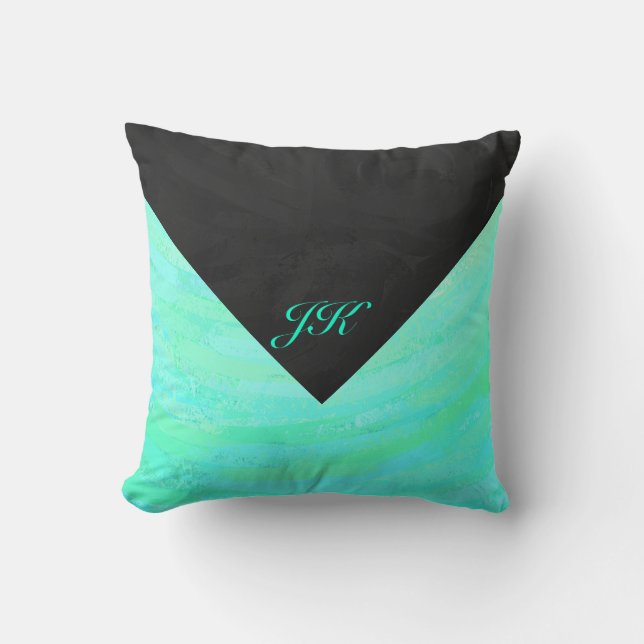 Mint Ice Blue en Black Monogram Kussen (Voorkant)