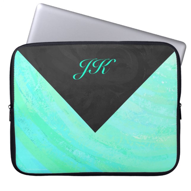 Mint Ice Blue en Black Monogram Laptop Sleeve (Voorkant)